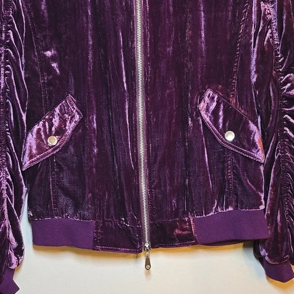 Rebecca Minkoff Kaya Velvet Ruched Sleeved Back Zip Rayon Viscose Bomber Jacket - Picture 5 of 15
